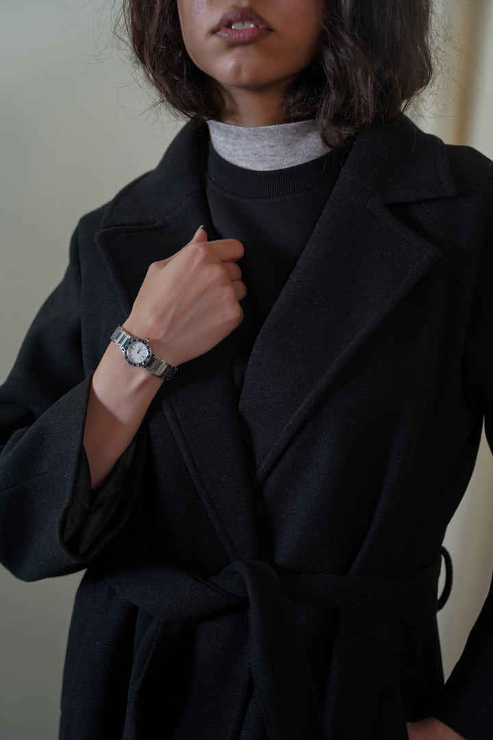 BLACK LONG BELTED COAT