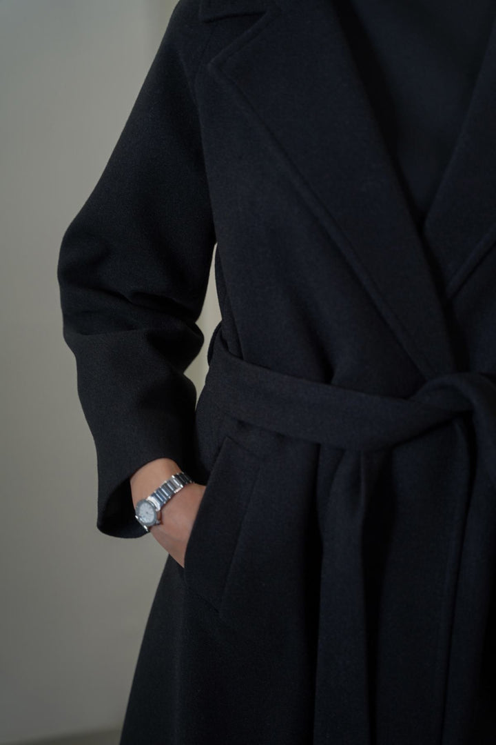 BLACK LONG BELTED COAT