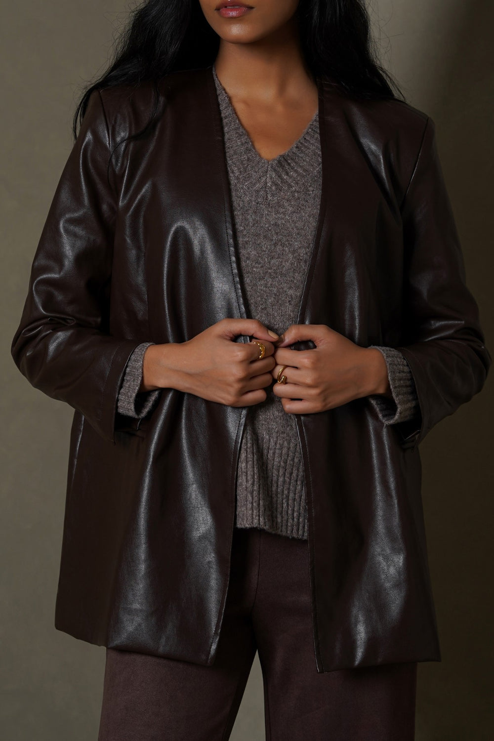 BROWN COLLARLESS LEATHER BLAZER