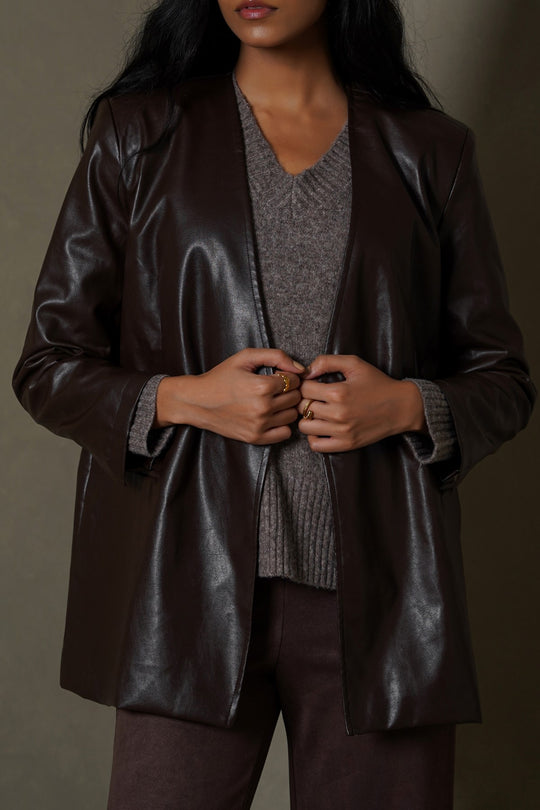 BROWN COLLARLESS LEATHER BLAZER
