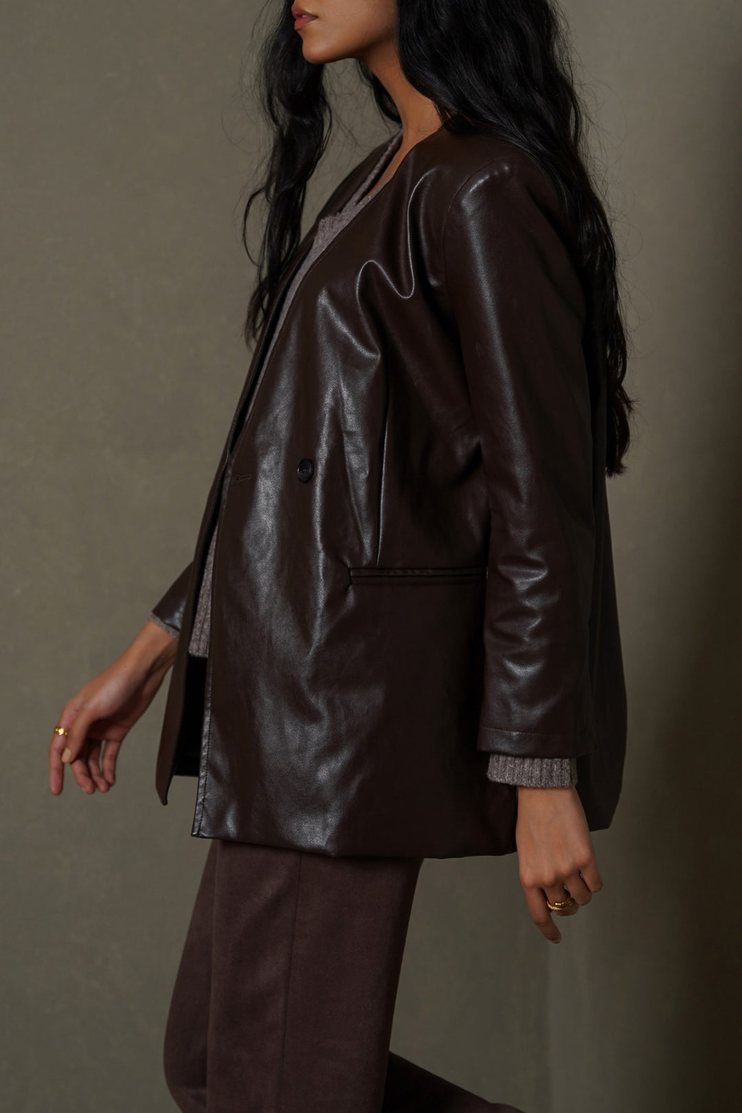 BROWN COLLARLESS LEATHER BLAZER