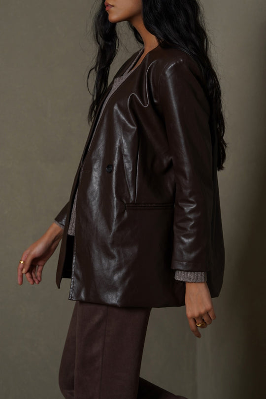 BROWN COLLARLESS LEATHER BLAZER