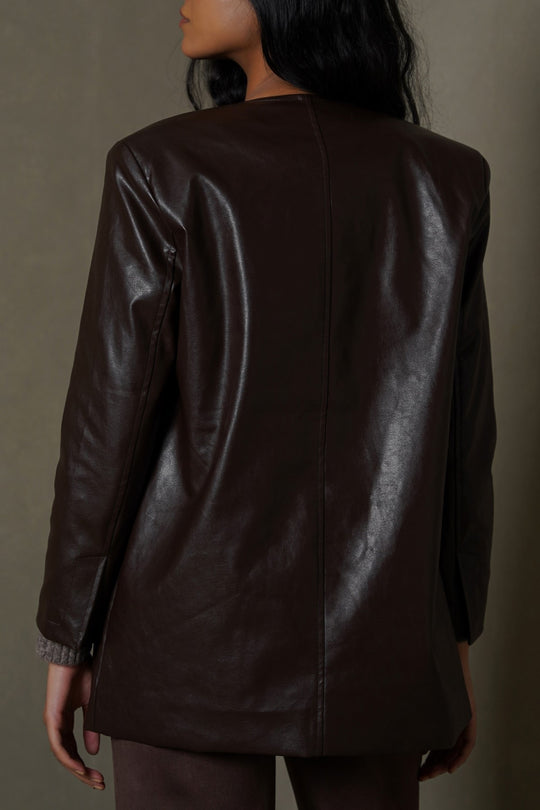 BROWN COLLARLESS LEATHER BLAZER
