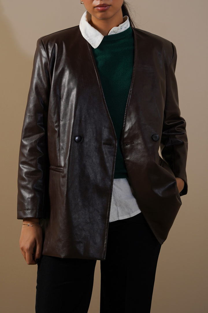 BROWN COLLARLESS LEATHER BLAZER