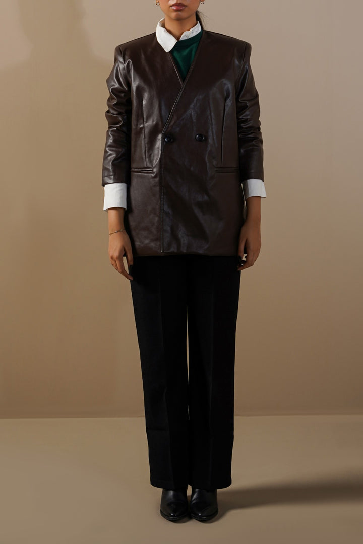 BROWN COLLARLESS LEATHER BLAZER
