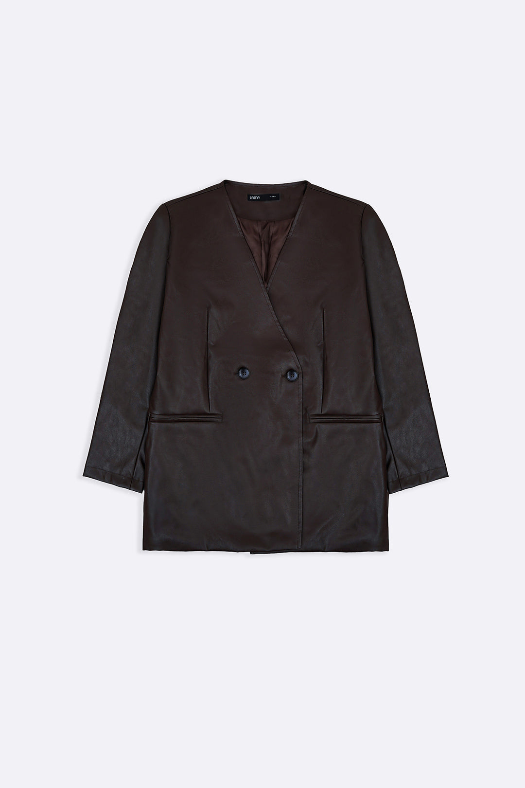 BROWN COLLARLESS LEATHER BLAZER
