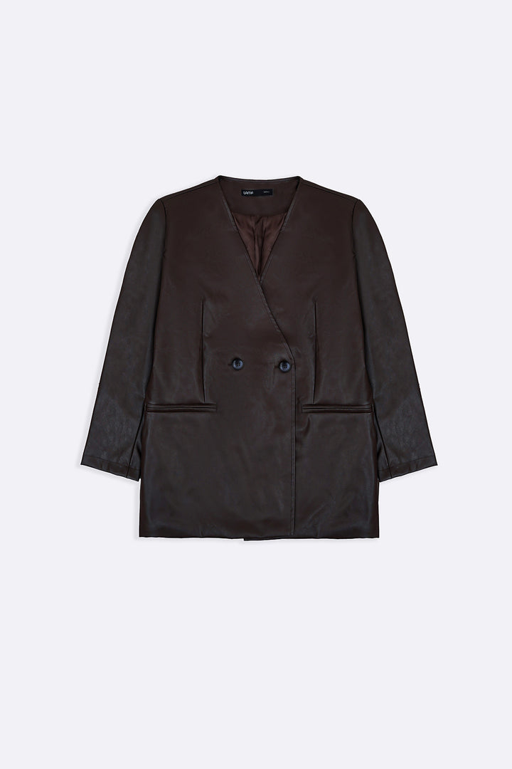 BROWN COLLARLESS LEATHER BLAZER