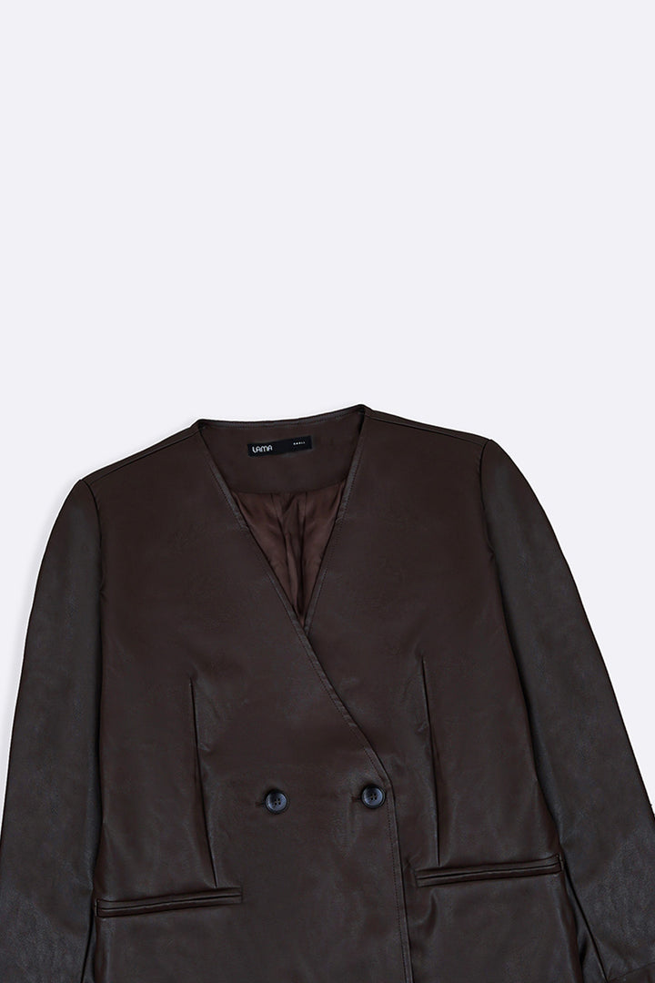 BROWN COLLARLESS LEATHER BLAZER