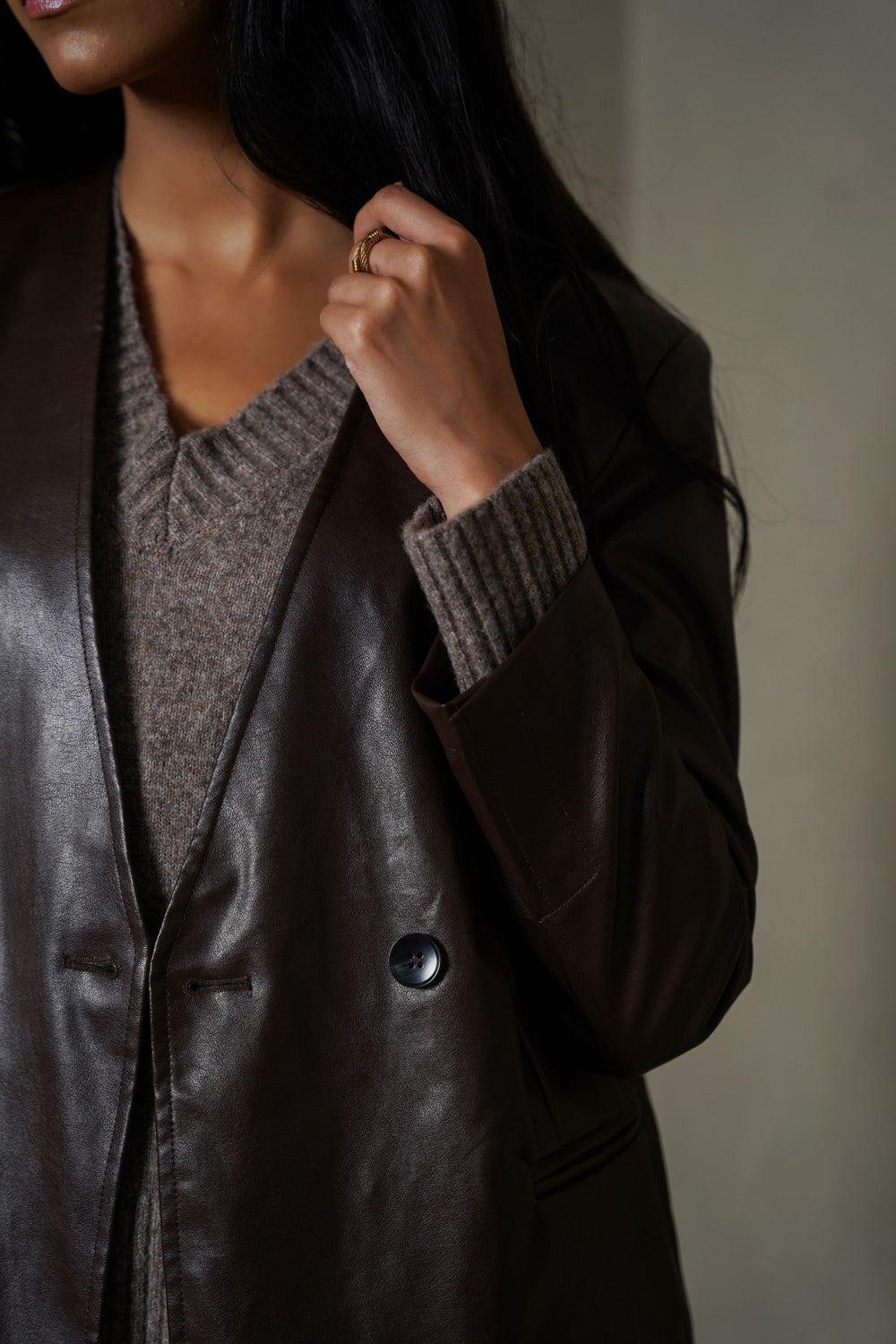 BROWN COLLARLESS LEATHER BLAZER