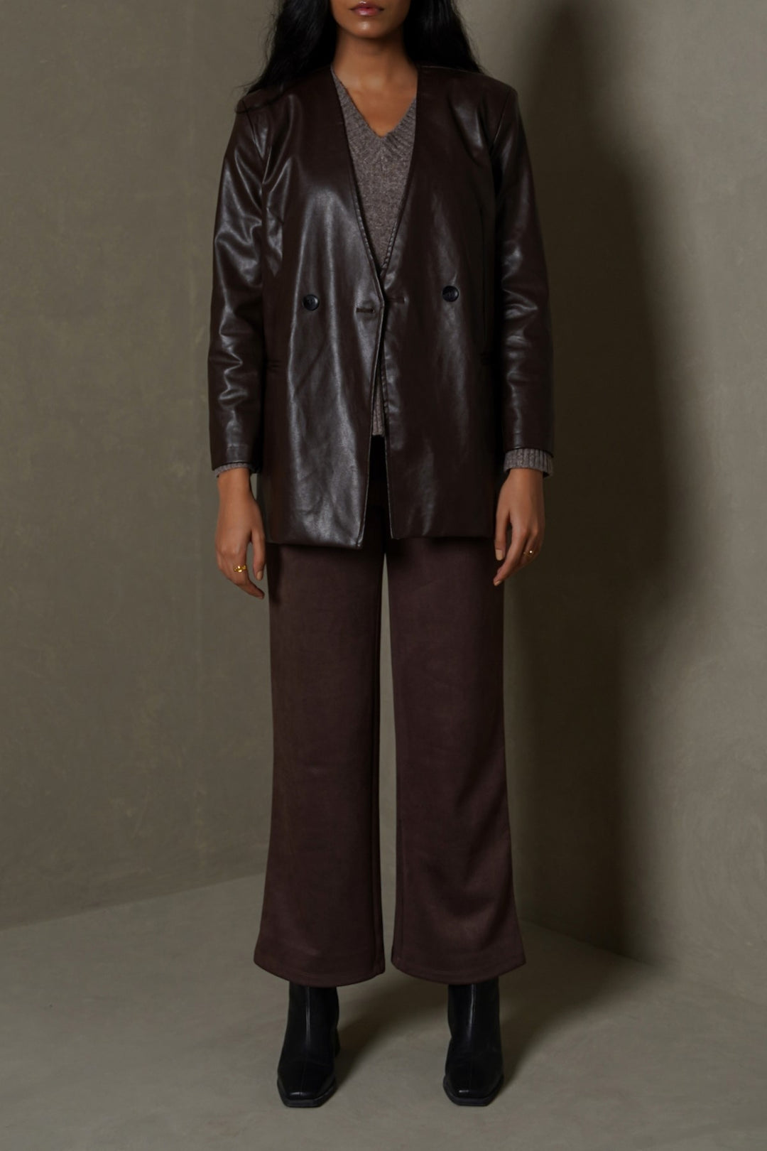 BROWN COLLARLESS LEATHER BLAZER