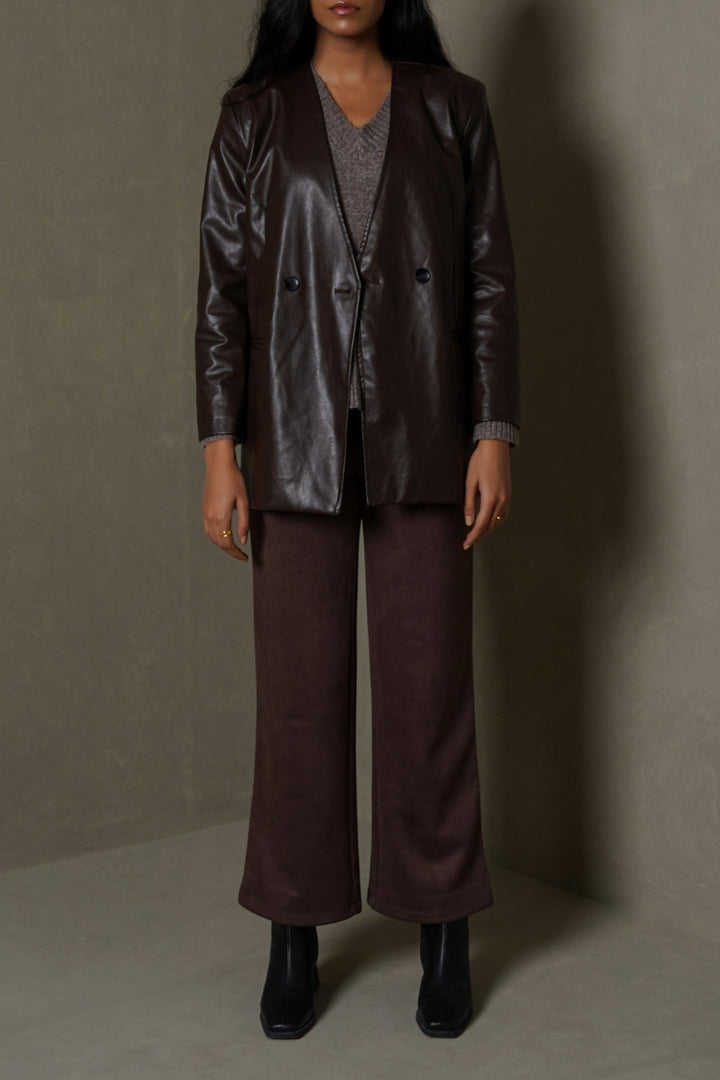 BROWN COLLARLESS LEATHER BLAZER