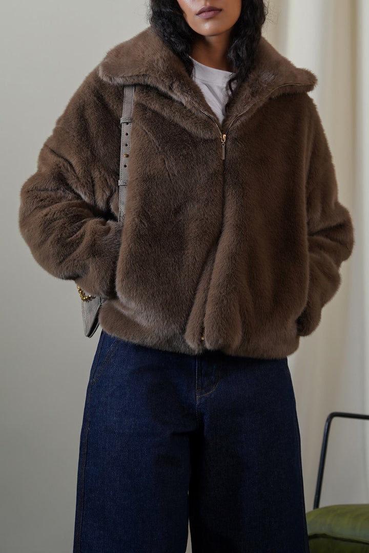 BROWN FUNNEL NECK FUR JACKET