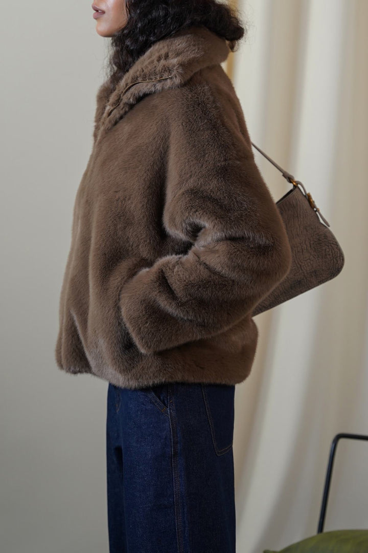 BROWN FUNNEL NECK FUR JACKET