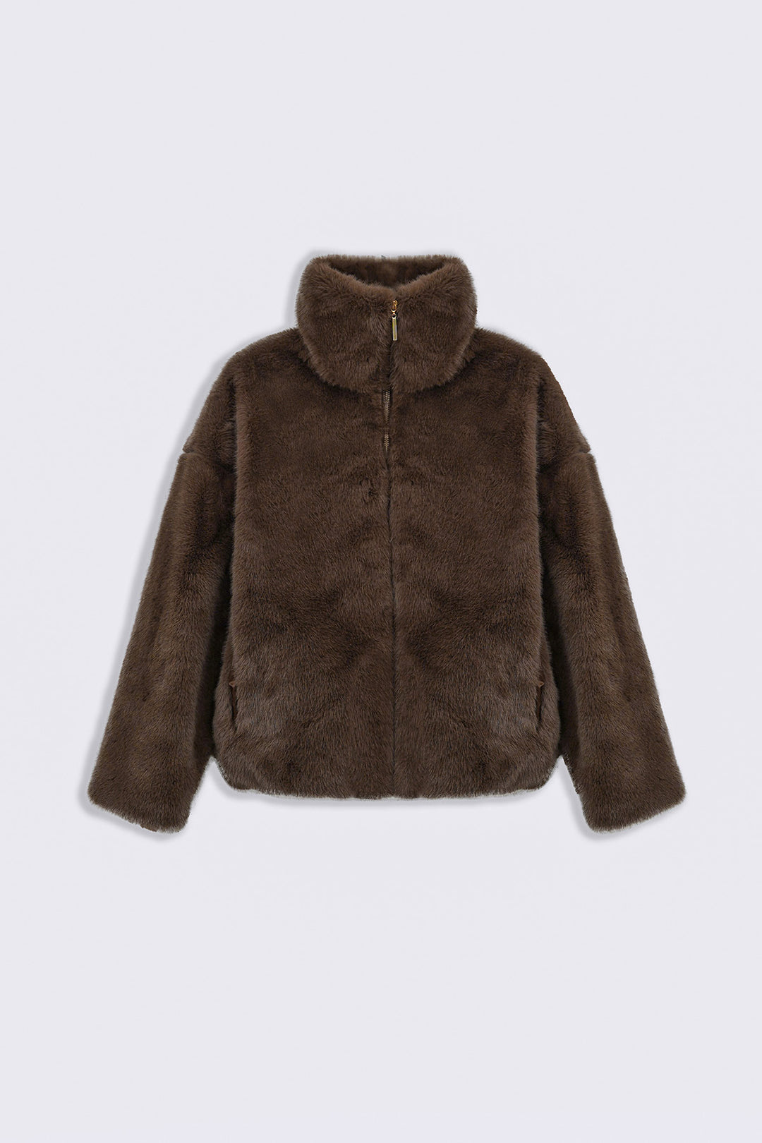 BROWN FUNNEL NECK FUR JACKET