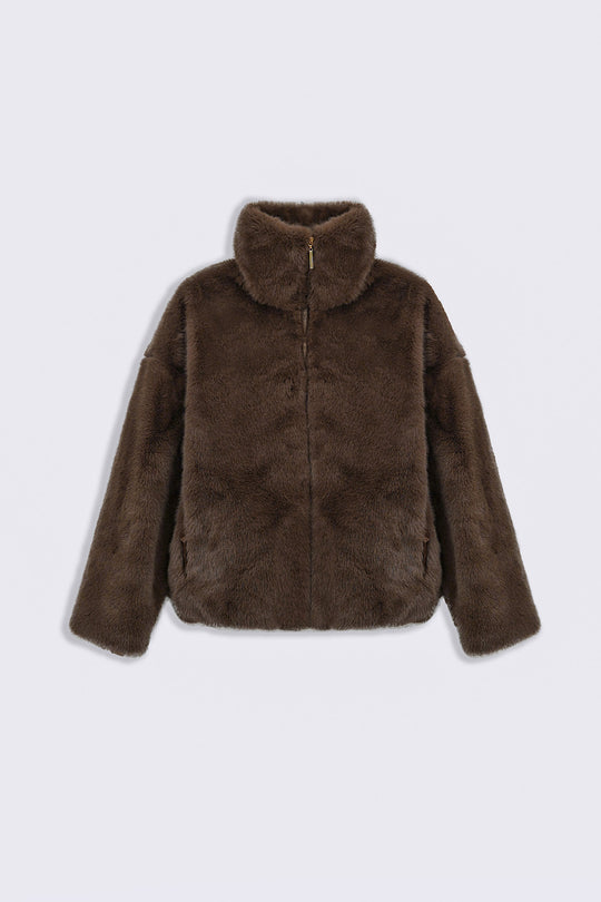 BROWN FUNNEL NECK FUR JACKET