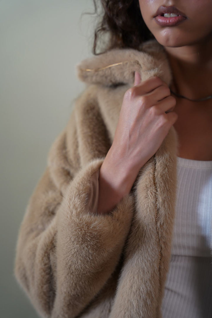 KHAKI FUNNEL NECK FUR JACKET