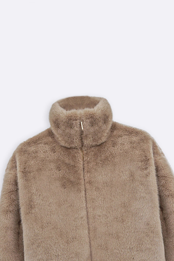 KHAKI FUNNEL NECK FUR JACKET