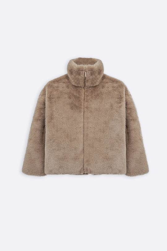 KHAKI FUNNEL NECK FUR JACKET