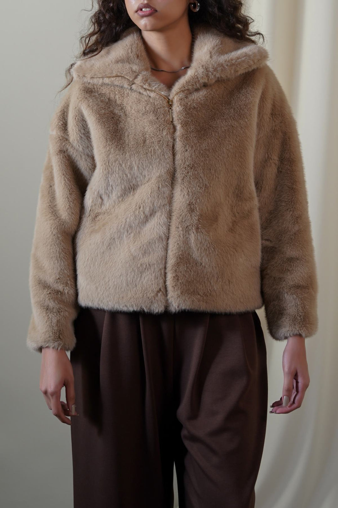 KHAKI FUNNEL NECK FUR JACKET