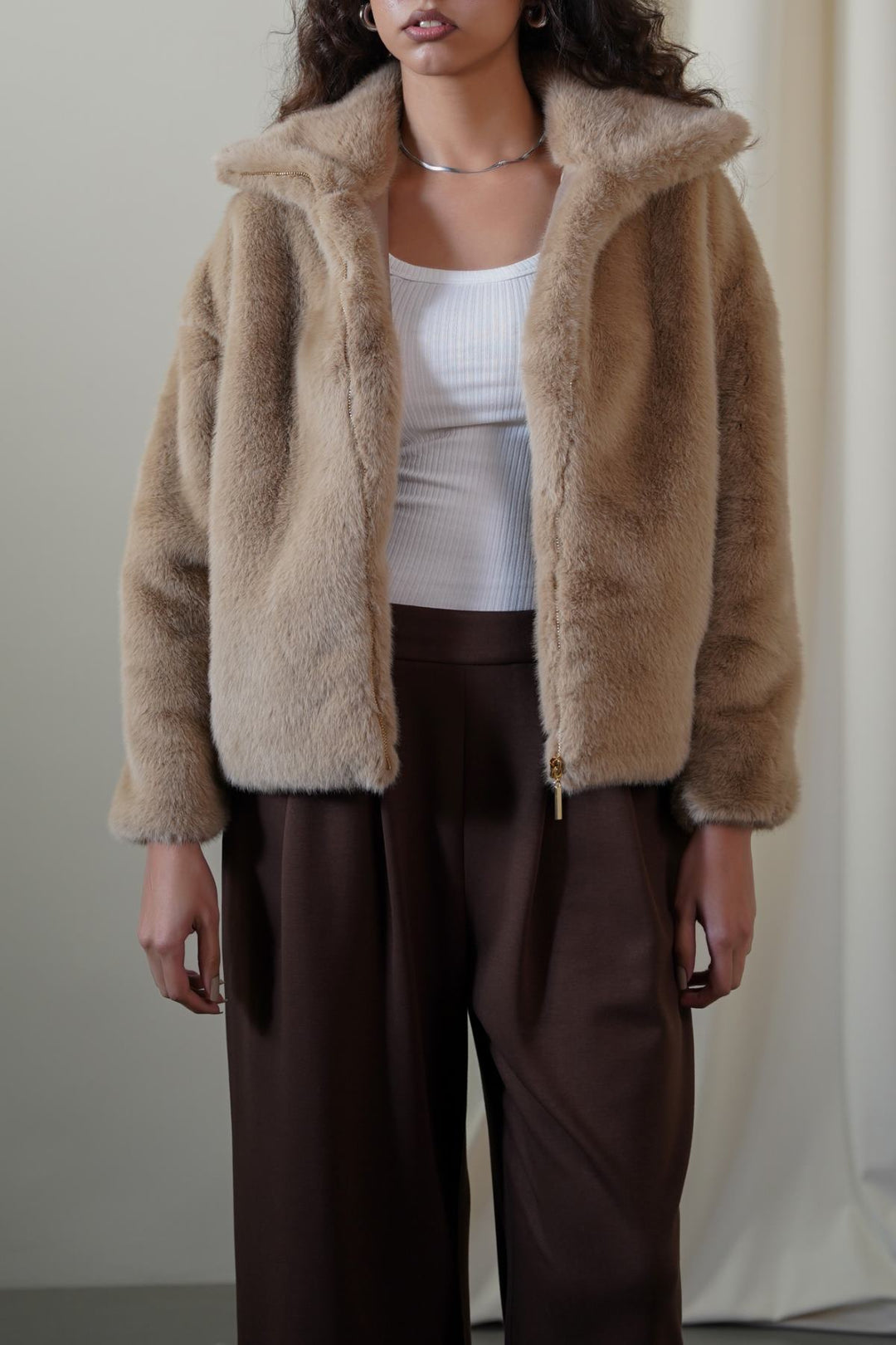 KHAKI FUNNEL NECK FUR JACKET