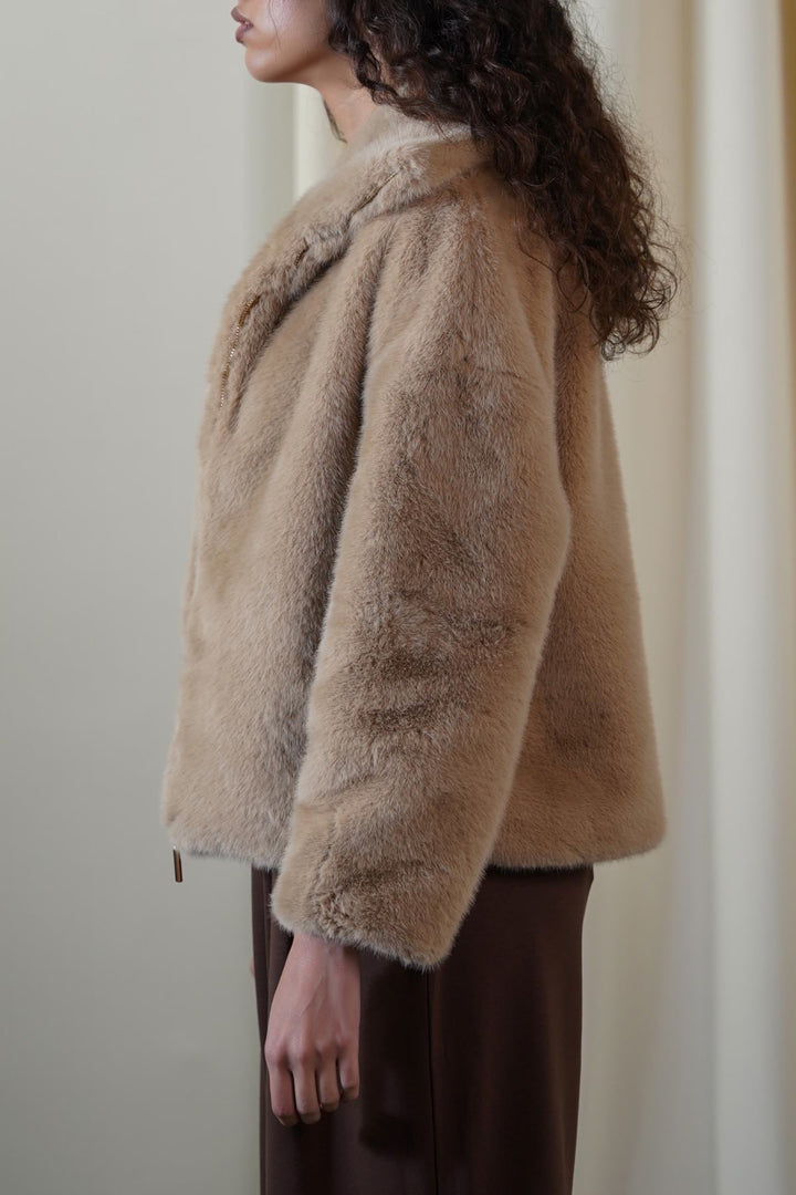 KHAKI FUNNEL NECK FUR JACKET