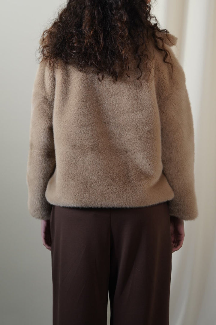 KHAKI FUNNEL NECK FUR JACKET