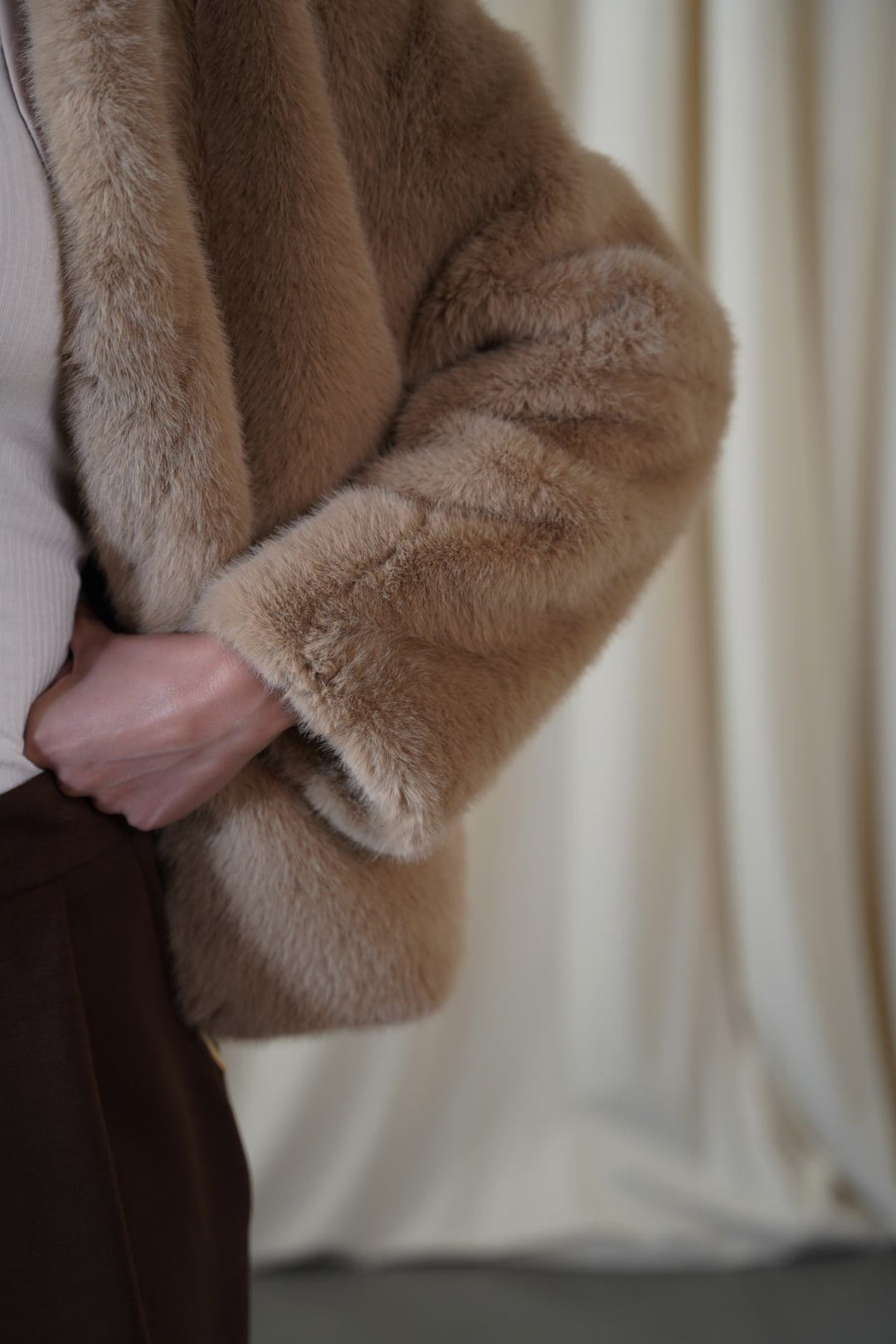 KHAKI FUNNEL NECK FUR JACKET