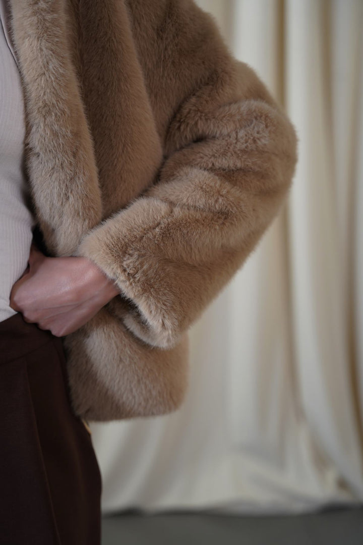 KHAKI FUNNEL NECK FUR JACKET