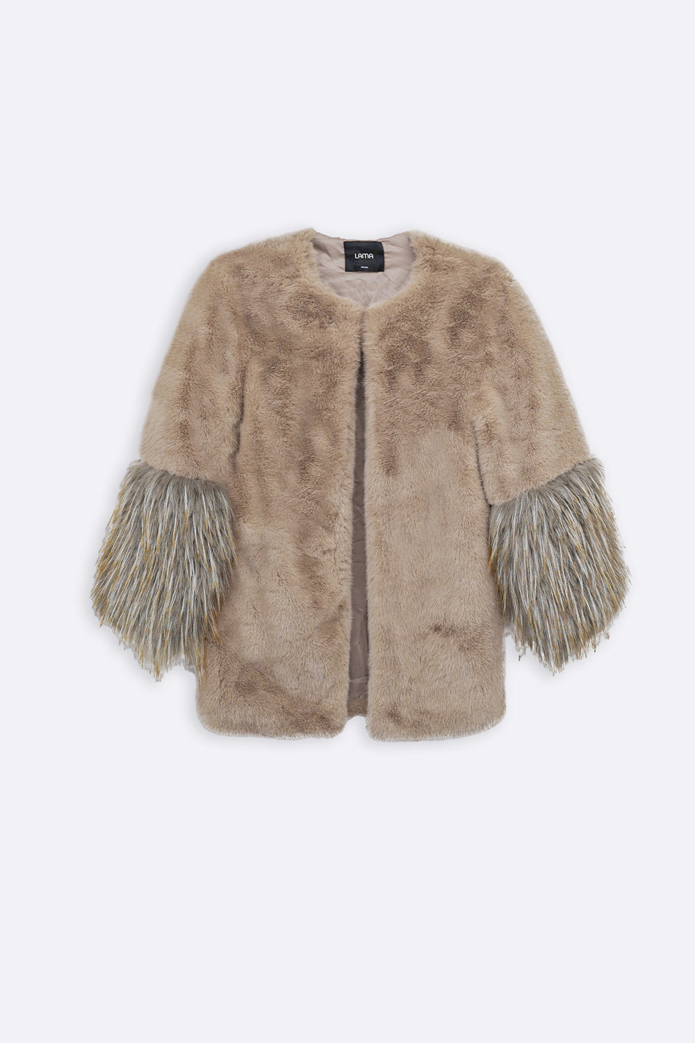KHAKI MIDI FEATHERED FUR COAT