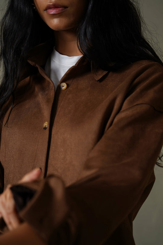 BROWN CUT-HEM SUEDE SHIRT