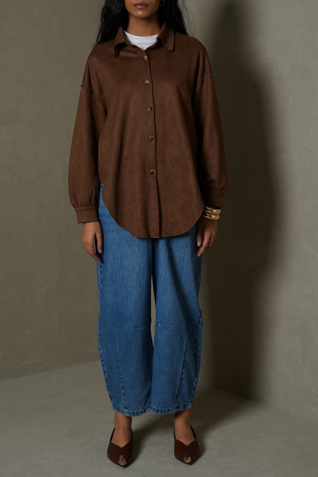 BROWN CUT-HEM SUEDE SHIRT