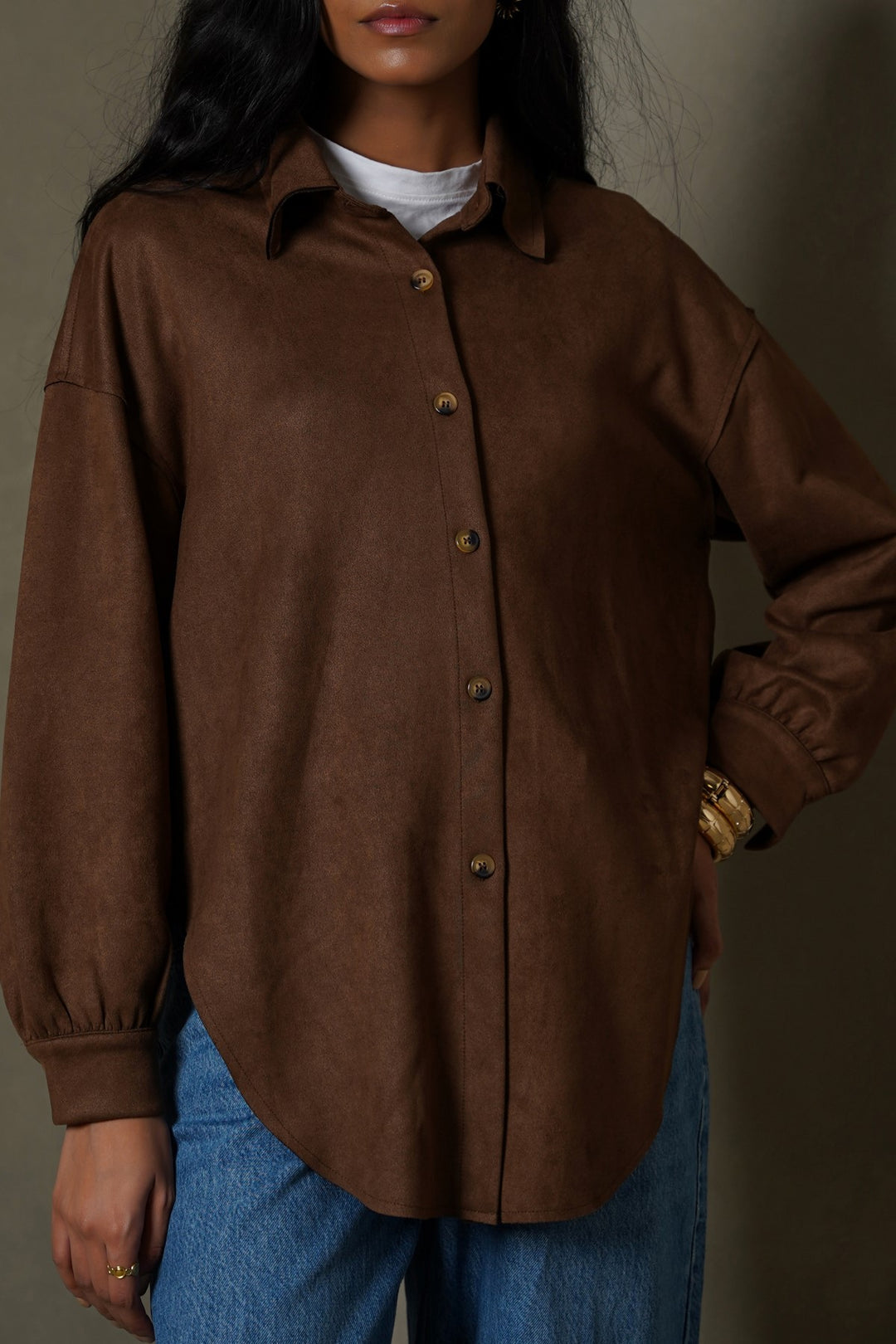 BROWN CUT-HEM SUEDE SHIRT