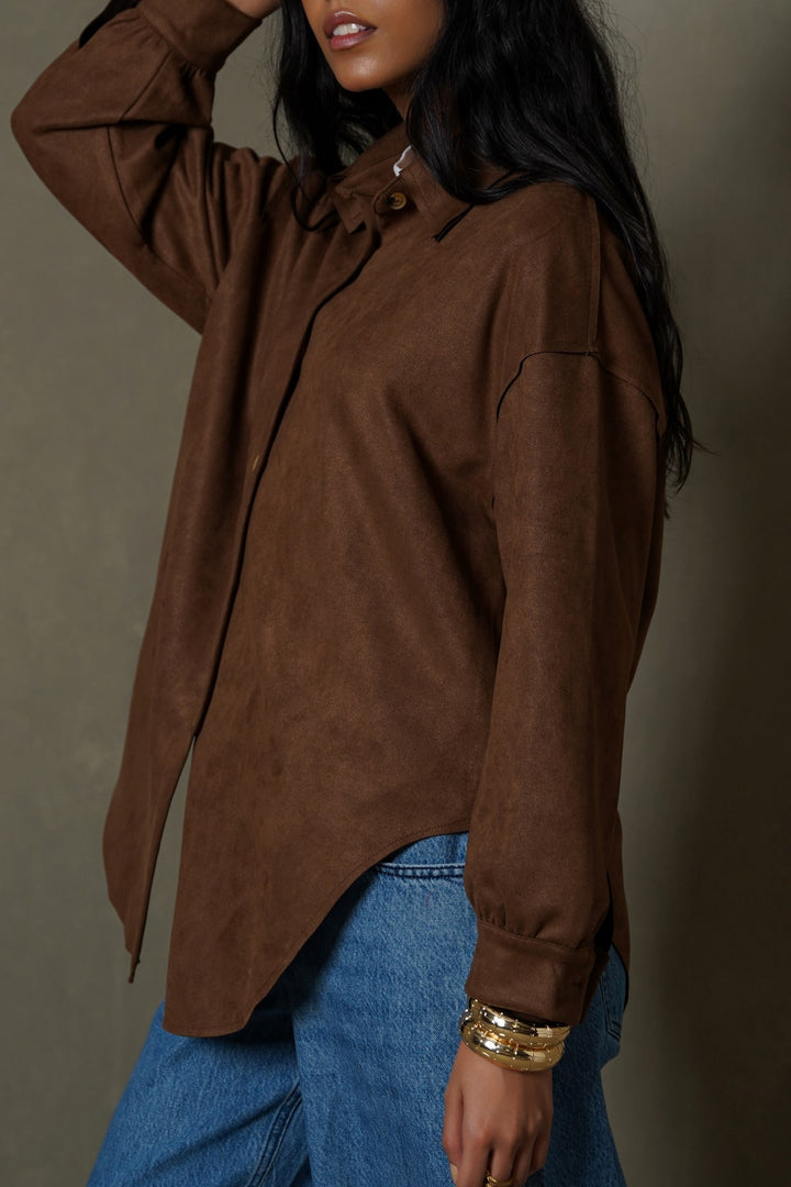 BROWN CUT-HEM SUEDE SHIRT