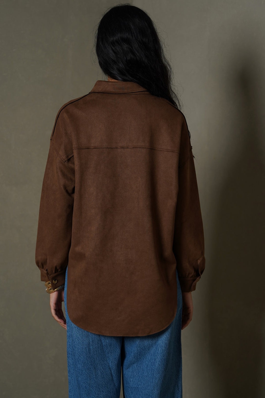 BROWN CUT-HEM SUEDE SHIRT