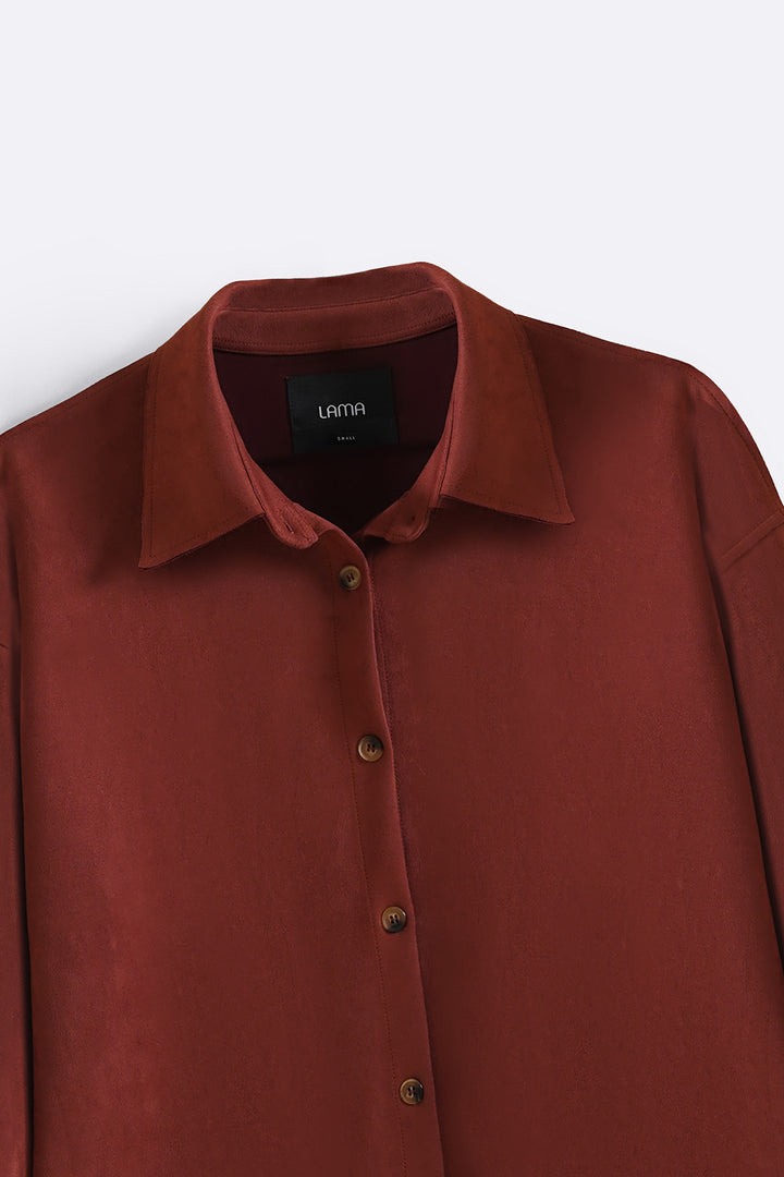 RUST CUT-HEM SUEDE SHIRT