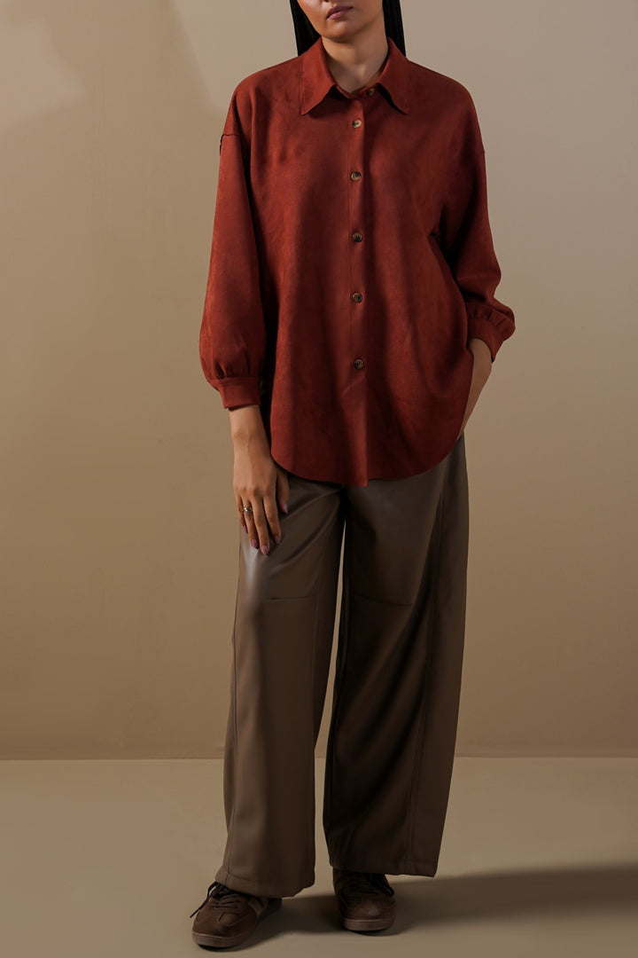RUST CUT-HEM SUEDE SHIRT
