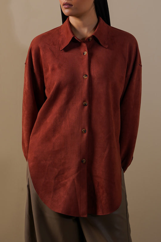 RUST CUT-HEM SUEDE SHIRT
