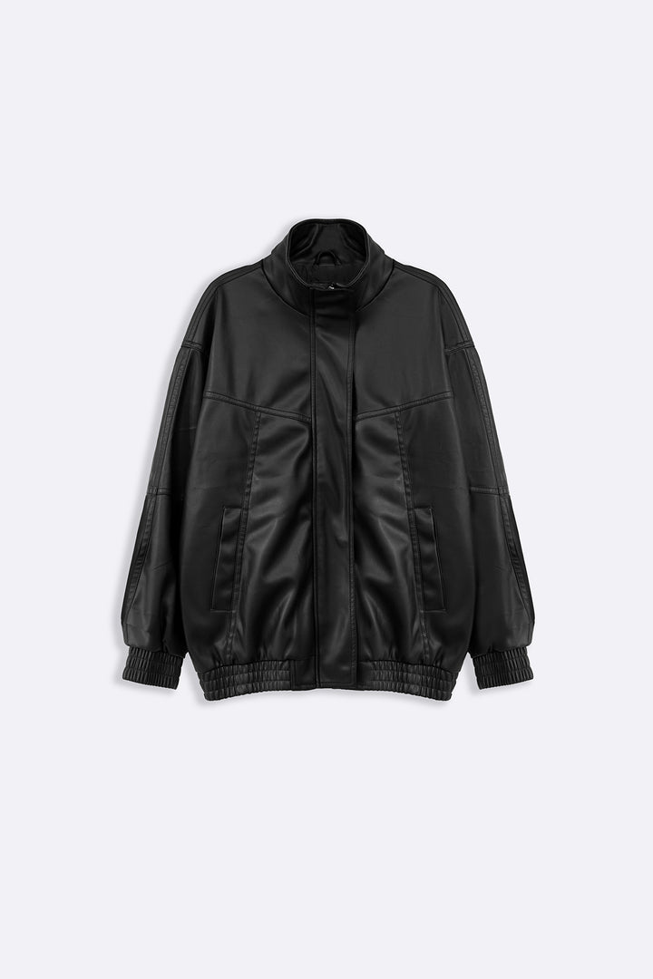 BLACK VEGAN LEATHER BOMBER JACKET