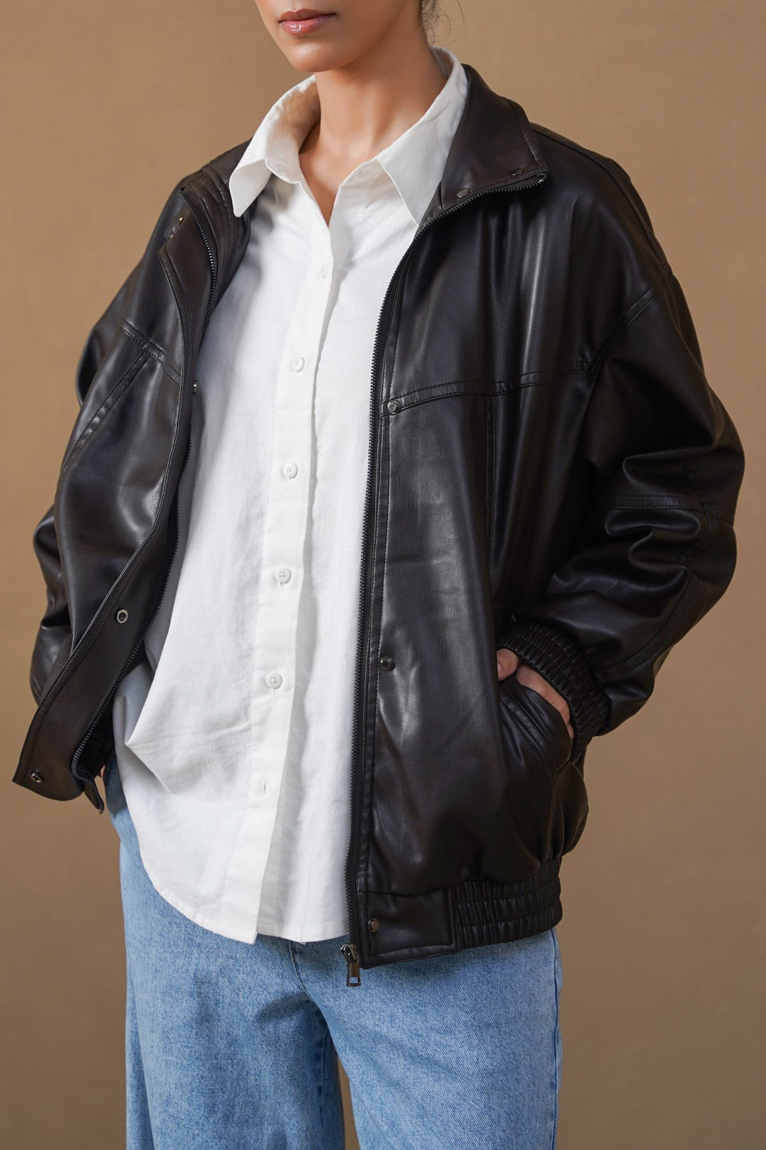 BLACK VEGAN LEATHER BOMBER JACKET