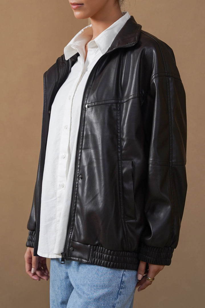 BLACK VEGAN LEATHER BOMBER JACKET