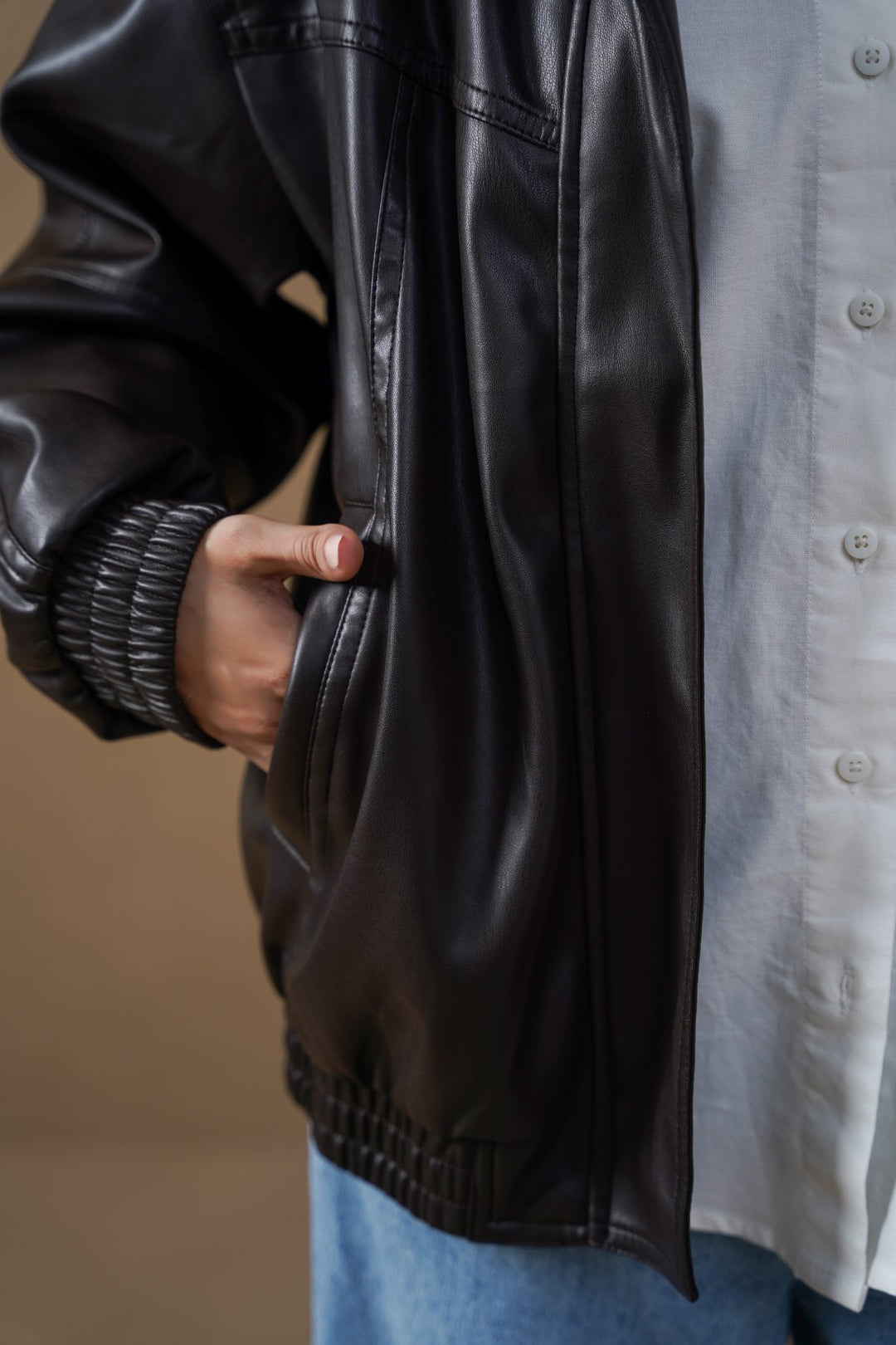 BLACK VEGAN LEATHER BOMBER JACKET