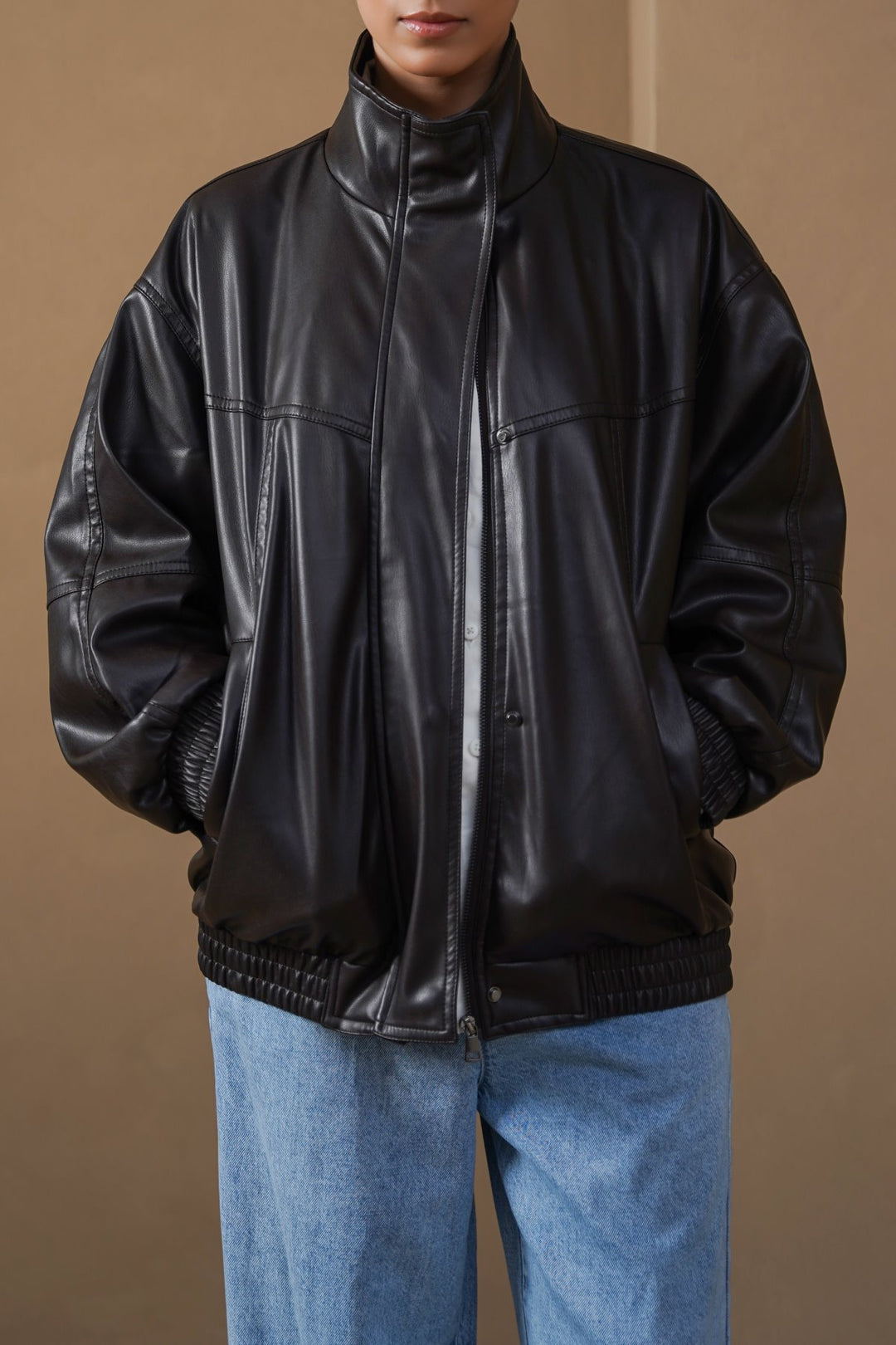 BLACK VEGAN LEATHER BOMBER JACKET