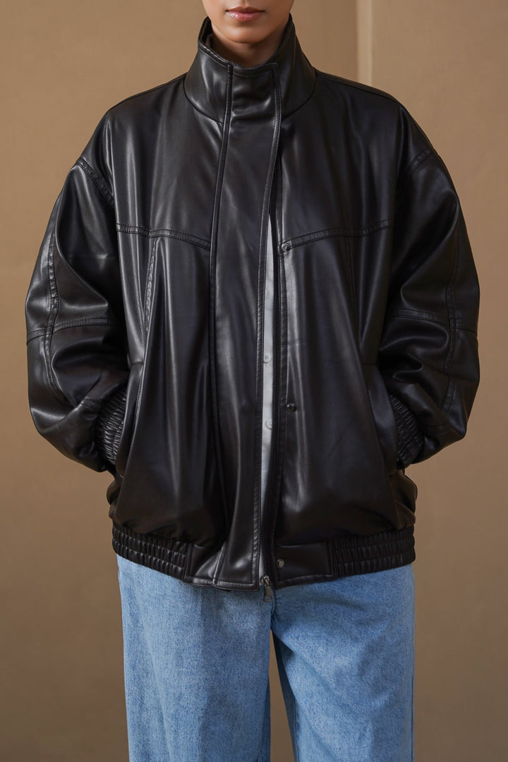 BLACK VEGAN LEATHER BOMBER JACKET