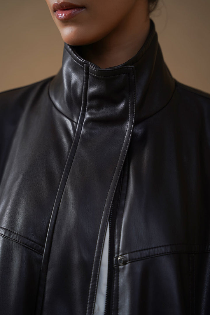 BLACK VEGAN LEATHER BOMBER JACKET
