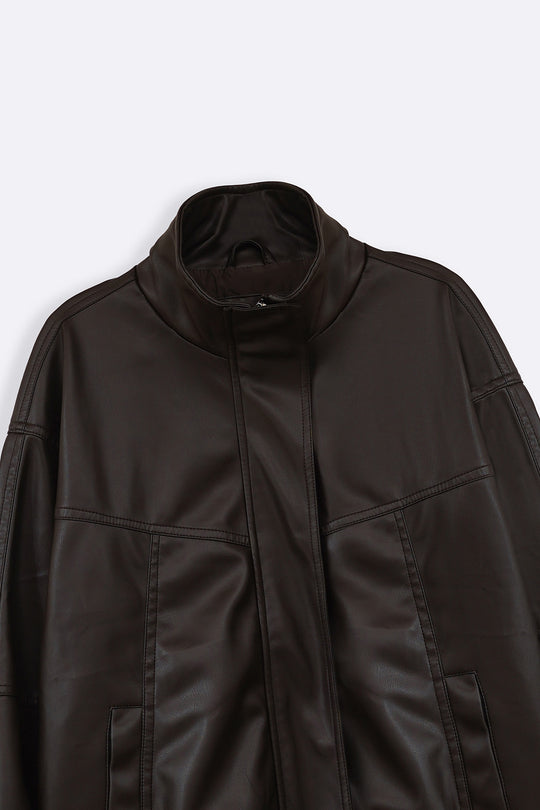 BROWN VEGAN LEATHER BOMBER JACKET
