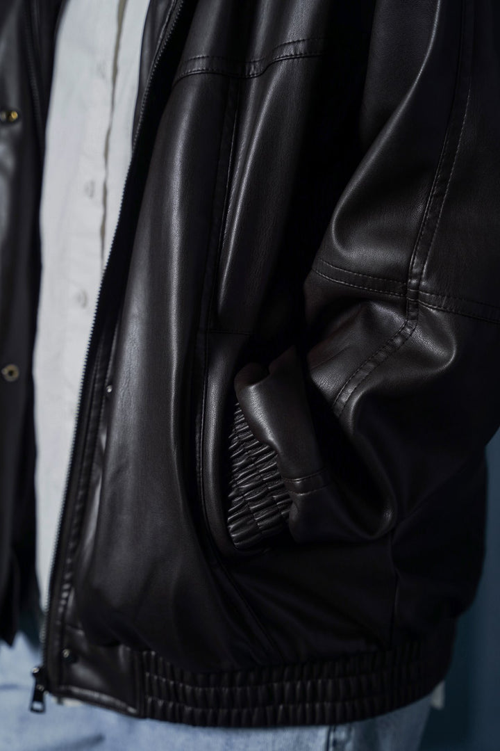 BROWN VEGAN LEATHER BOMBER JACKET