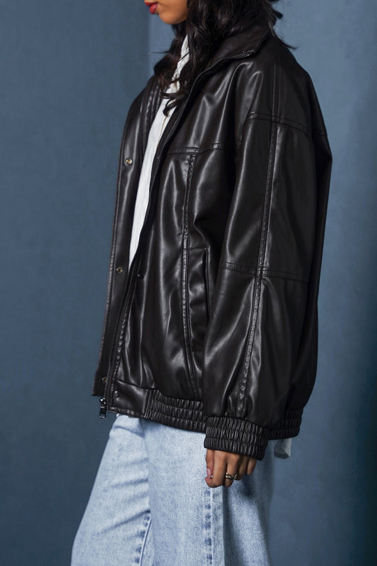 BROWN VEGAN LEATHER BOMBER JACKET