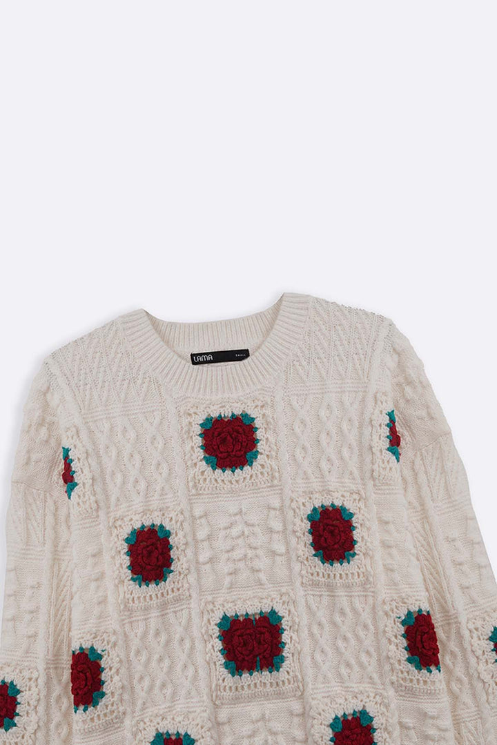 CREAM ROSE CROCHET SWEATER