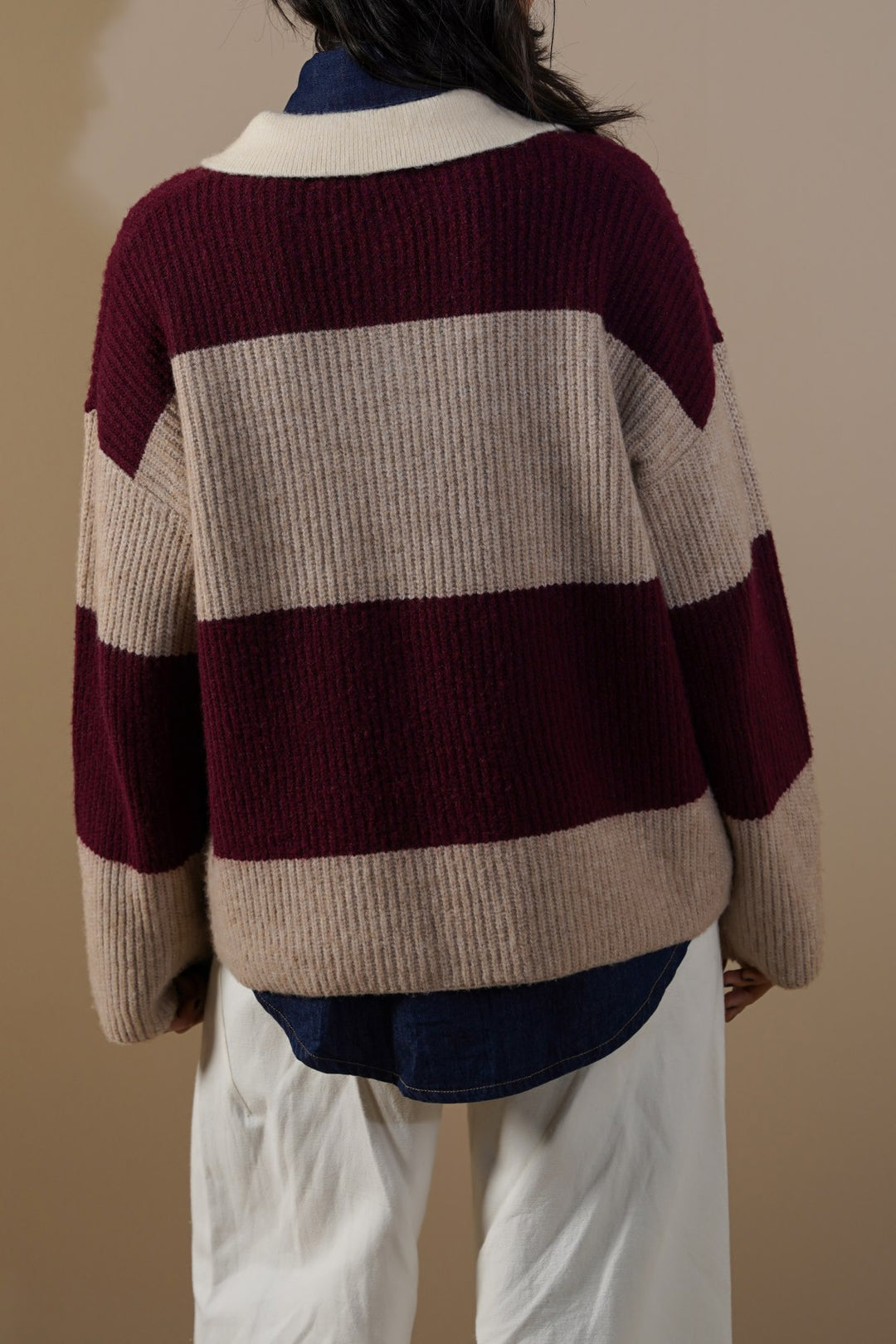 BURGUNDY VARSITY STRIPE SWEATER