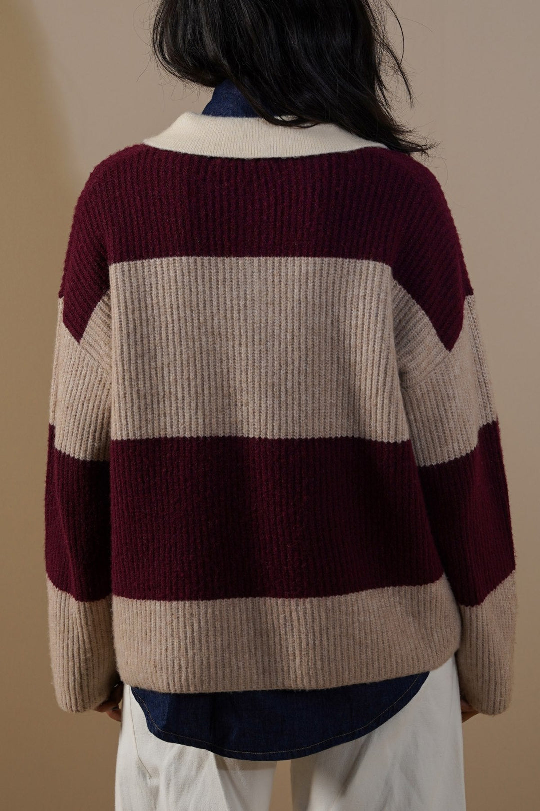 BURGUNDY VARSITY STRIPE SWEATER